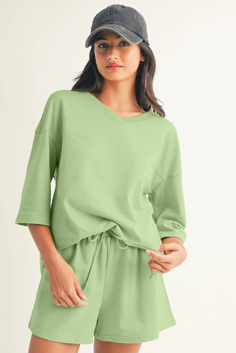Solid Loose V Neck Half Sleeve Tee and Shorts