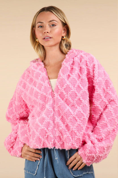 Promise Oversized Fuzzy Fur Textured Knit Hoodie Jacket: PINK