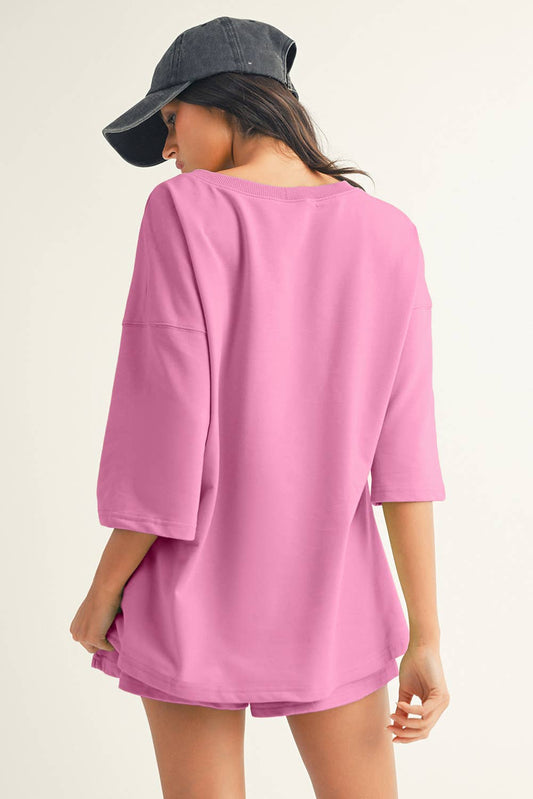 Solid Loose V Neck Half Sleeve Tee and Shorts: Bonbon
