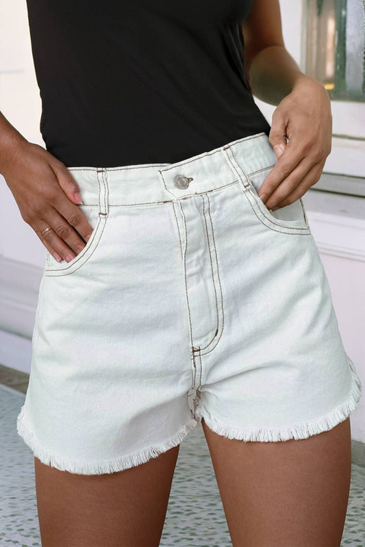 Raw Hem High Waist Denim Shorts: White