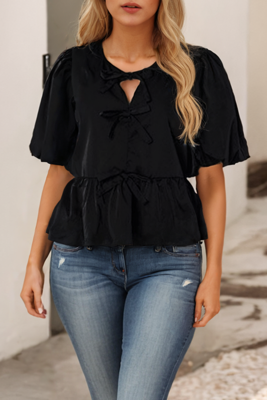 Puff Sleeve Bowknot Front Peplum Blouse