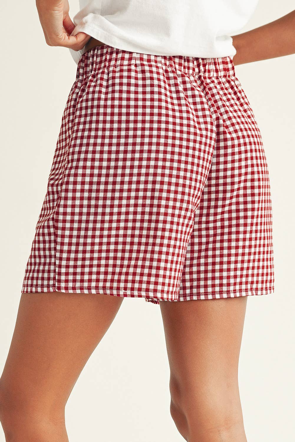 Vintage Plaid Print High Waisted Loose Wide Leg Shorts: Red