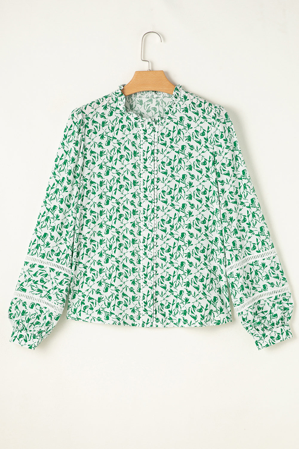 Khaki Printed Lace Detail Floral Puff Sleeve Fall Shirt