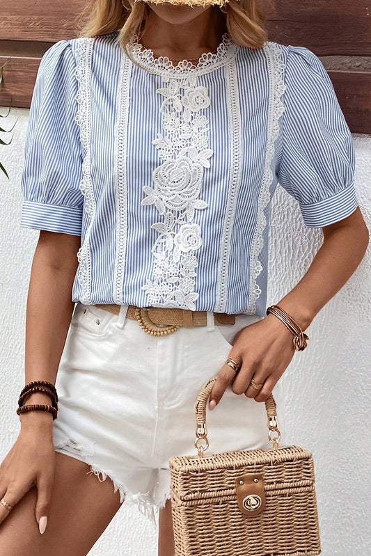 Blue Stripe Floral Lace Blouse RTS