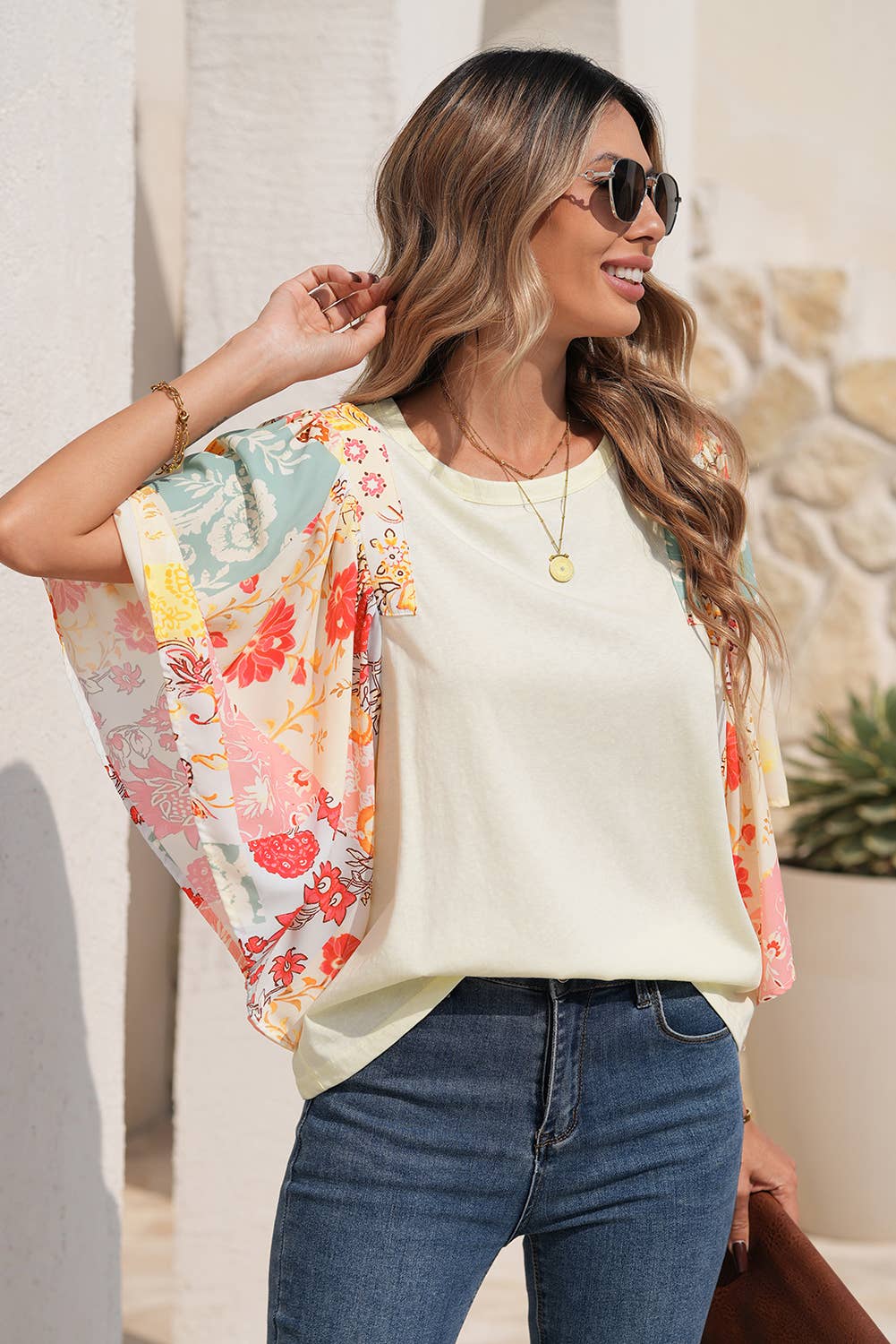 Floral Patchwork Half Batwing Sleeve Blouse: Beige