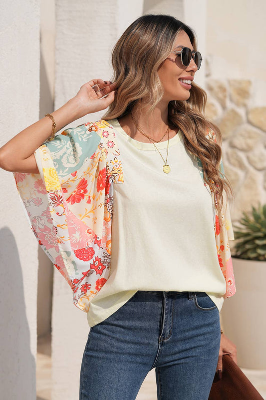 Floral Patchwork Half Batwing Sleeve Blouse: Beige