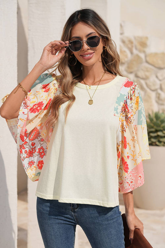 Floral Patchwork Half Batwing Sleeve Blouse: Beige