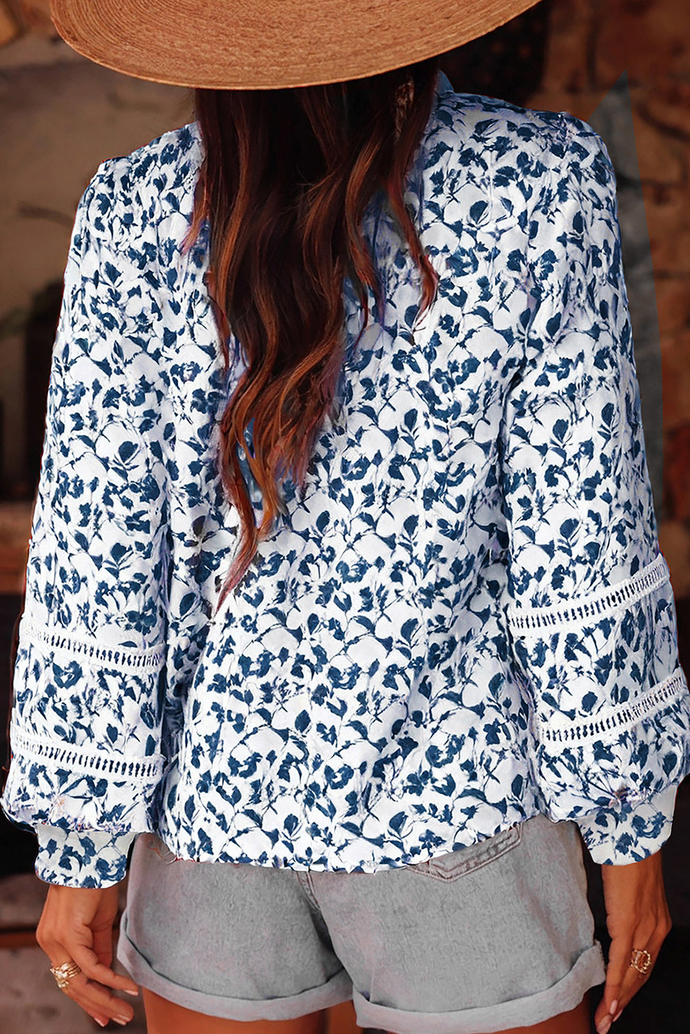 Khaki Printed Lace Detail Floral Puff Sleeve Fall Shirt