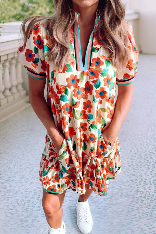 Contrast Trim Floral Split Neck Puff Mini Dress