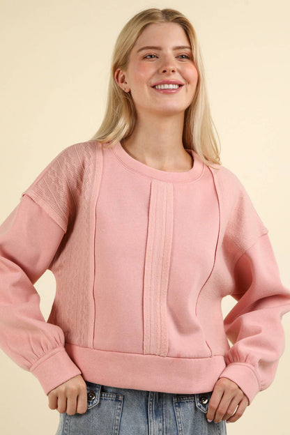 Cheyenne Cable Contrast Detail Oversized Knit Crop Top: BLUSH