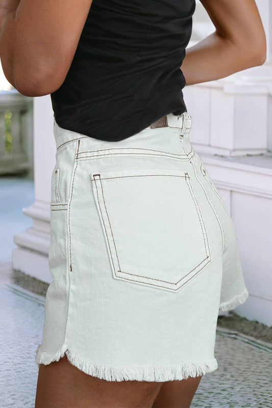 Raw Hem High Waist Denim Shorts: White