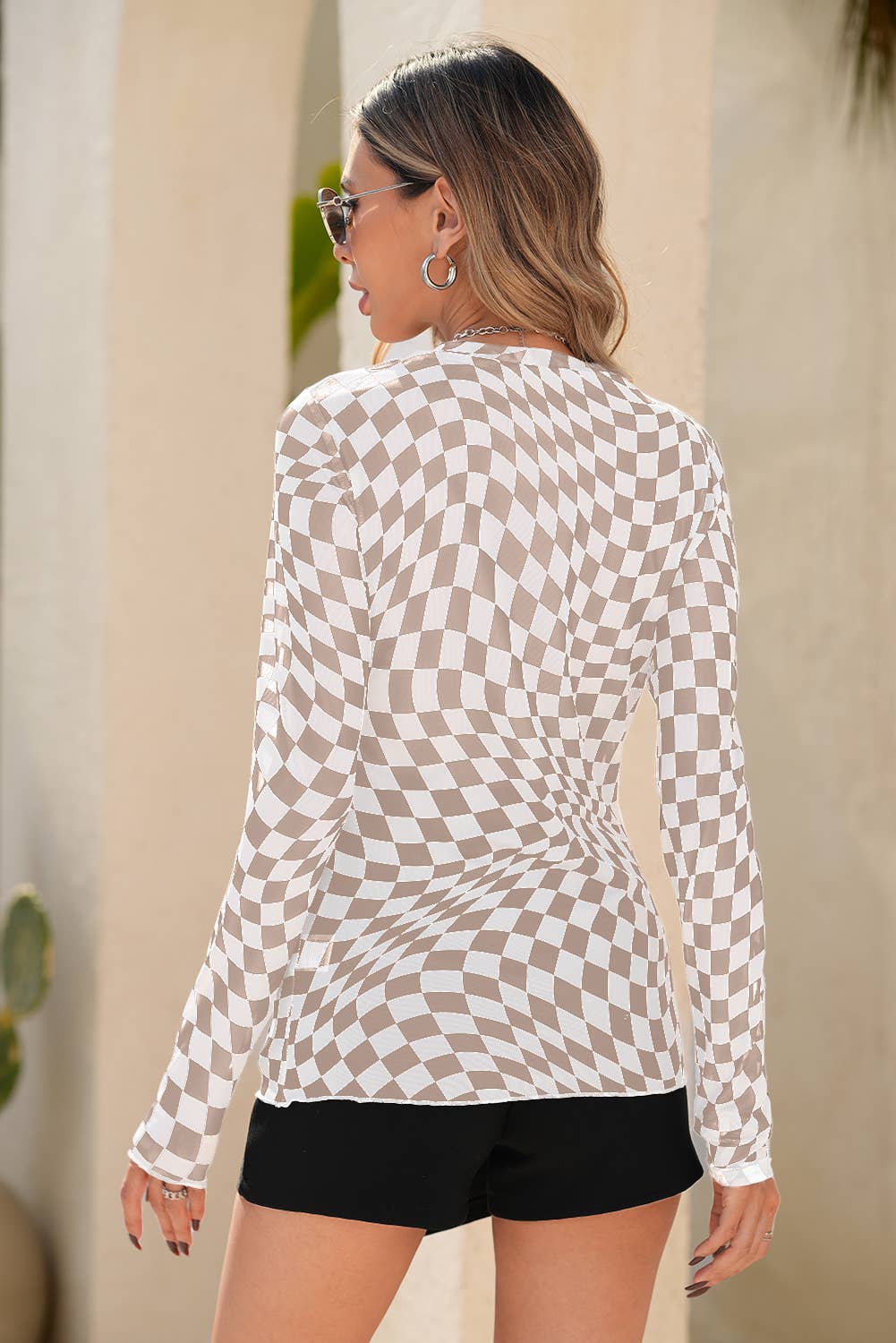 Checkered Pattern Mesh Mock Neck Long Sleeve Top: Khaki