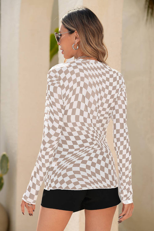 Checkered Pattern Mesh Mock Neck Long Sleeve Top: Khaki