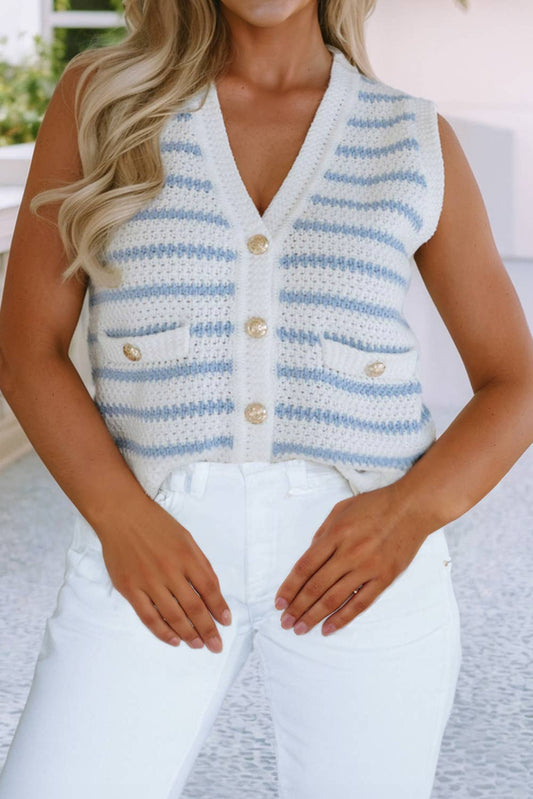 Stripe V Neck Gold Button Sweater Vest: Sky Blue