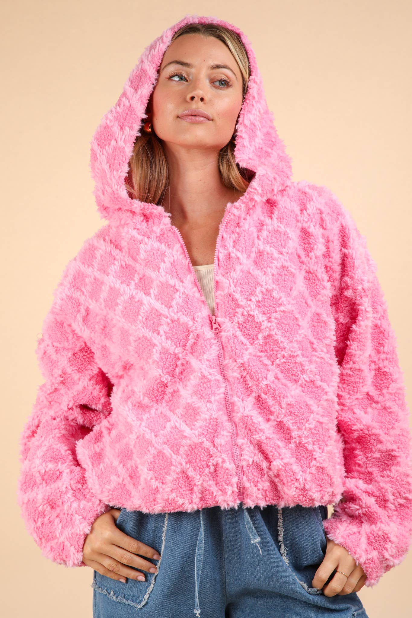 Promise Oversized Fuzzy Fur Textured Knit Hoodie Jacket: PINK