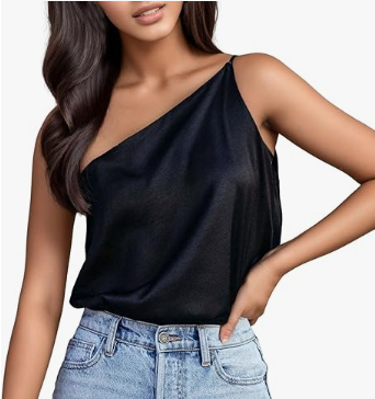 Satin One Shoulder Top: Black