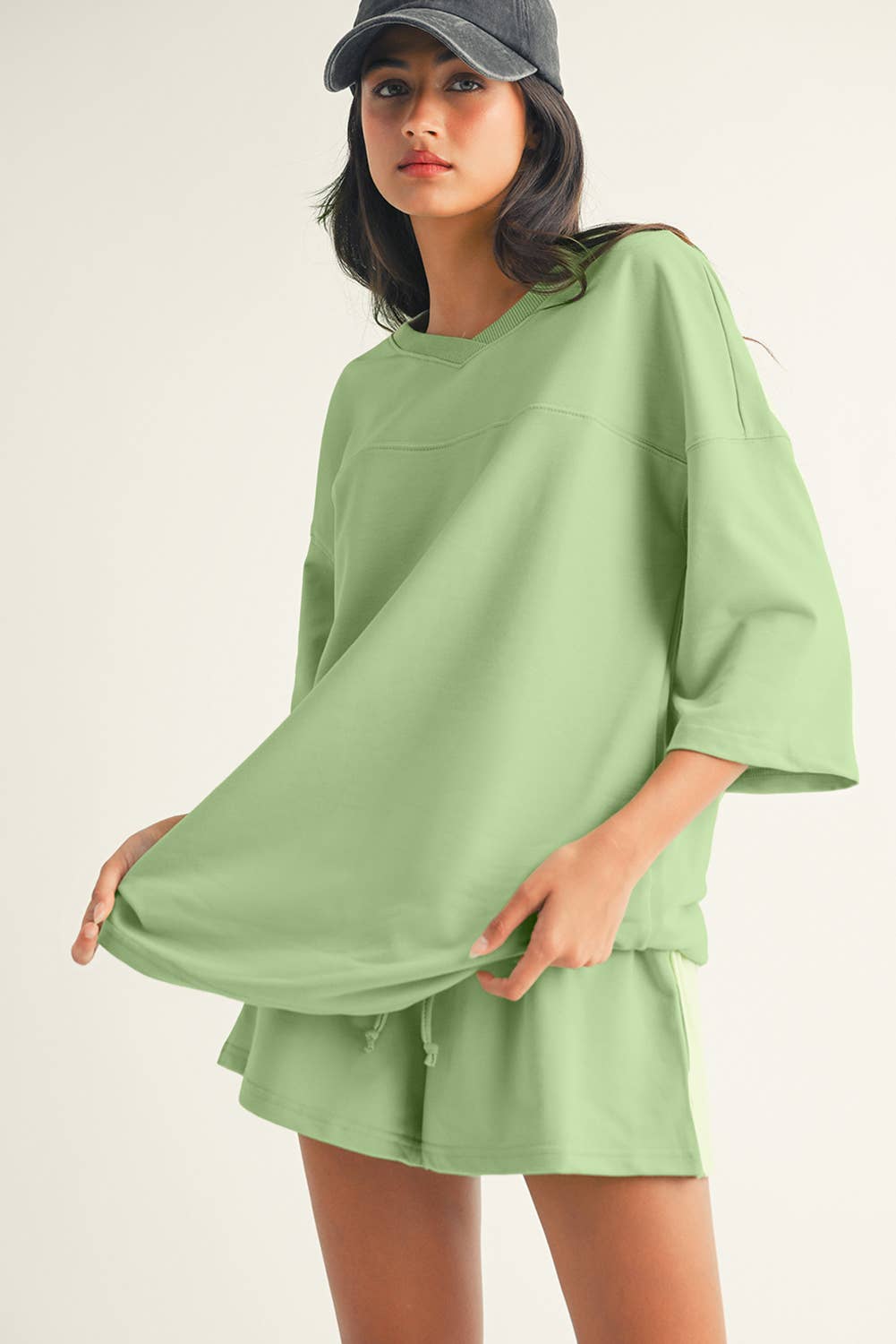 Solid Loose V Neck Half Sleeve Tee and Shorts
