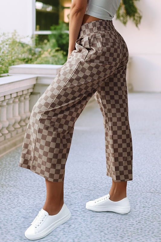 Tie Elastic Waist Checkered Loose Pants: Khaki