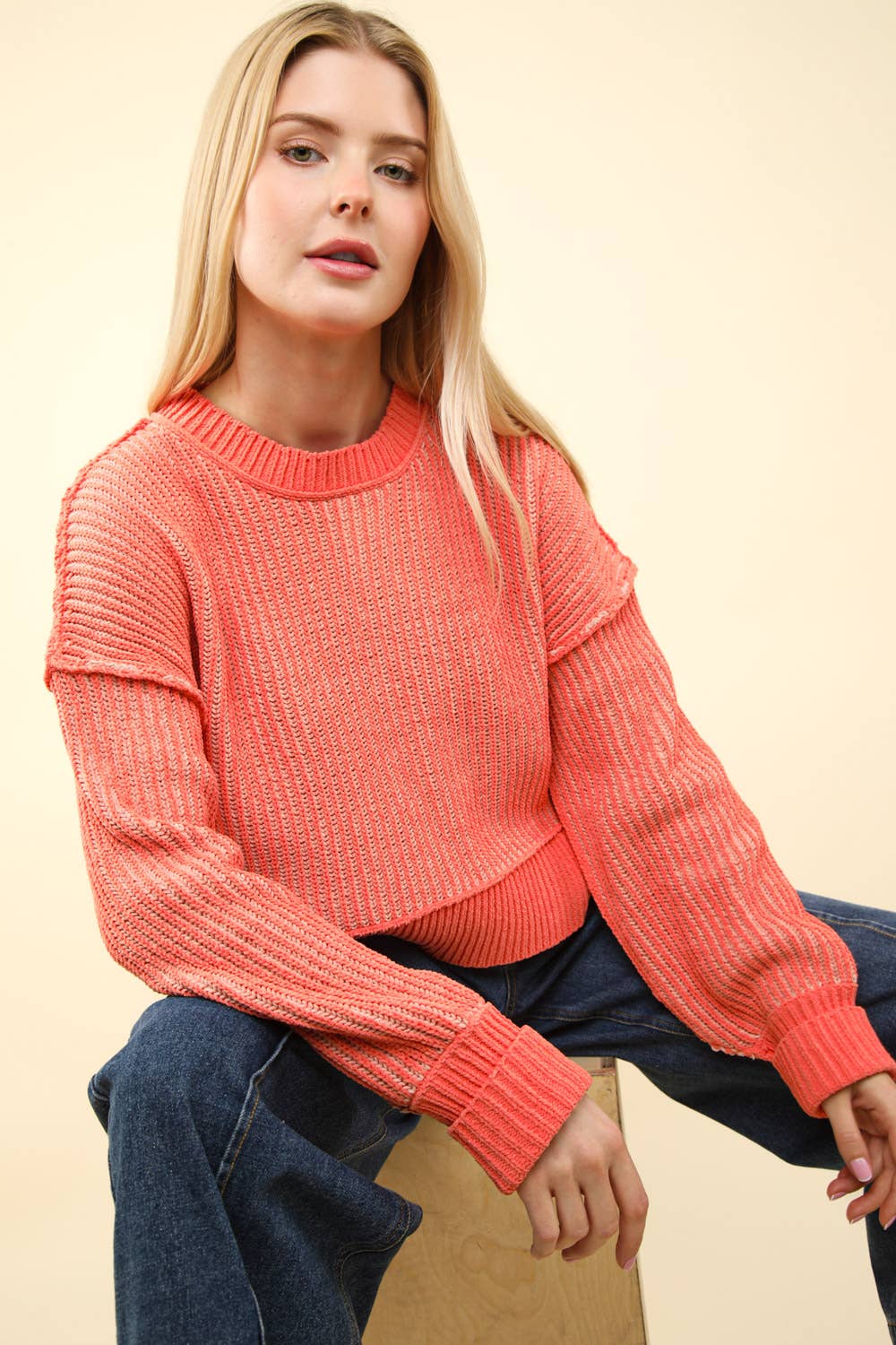 Twyla Two Tone Striped Casual Stripe Sweater Top: Orange
