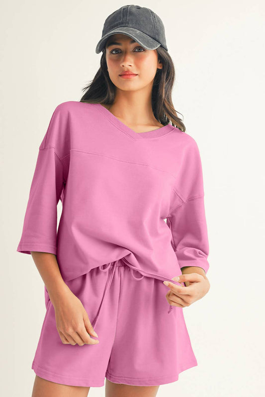 Solid Loose V Neck Half Sleeve Tee and Shorts: Bonbon