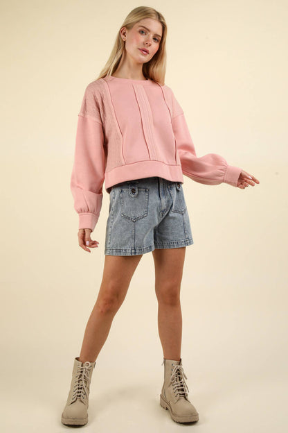 Cheyenne Cable Contrast Detail Oversized Knit Crop Top: BLUSH