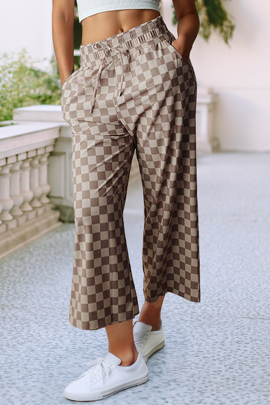 Tie Elastic Waist Checkered Loose Pants: Khaki