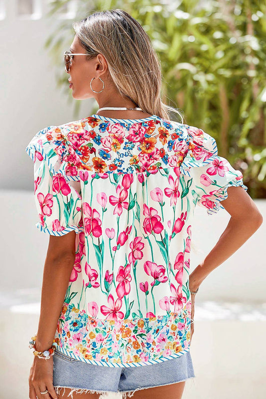 Floral Print Striped Detail Split Neck Blouse: Pink