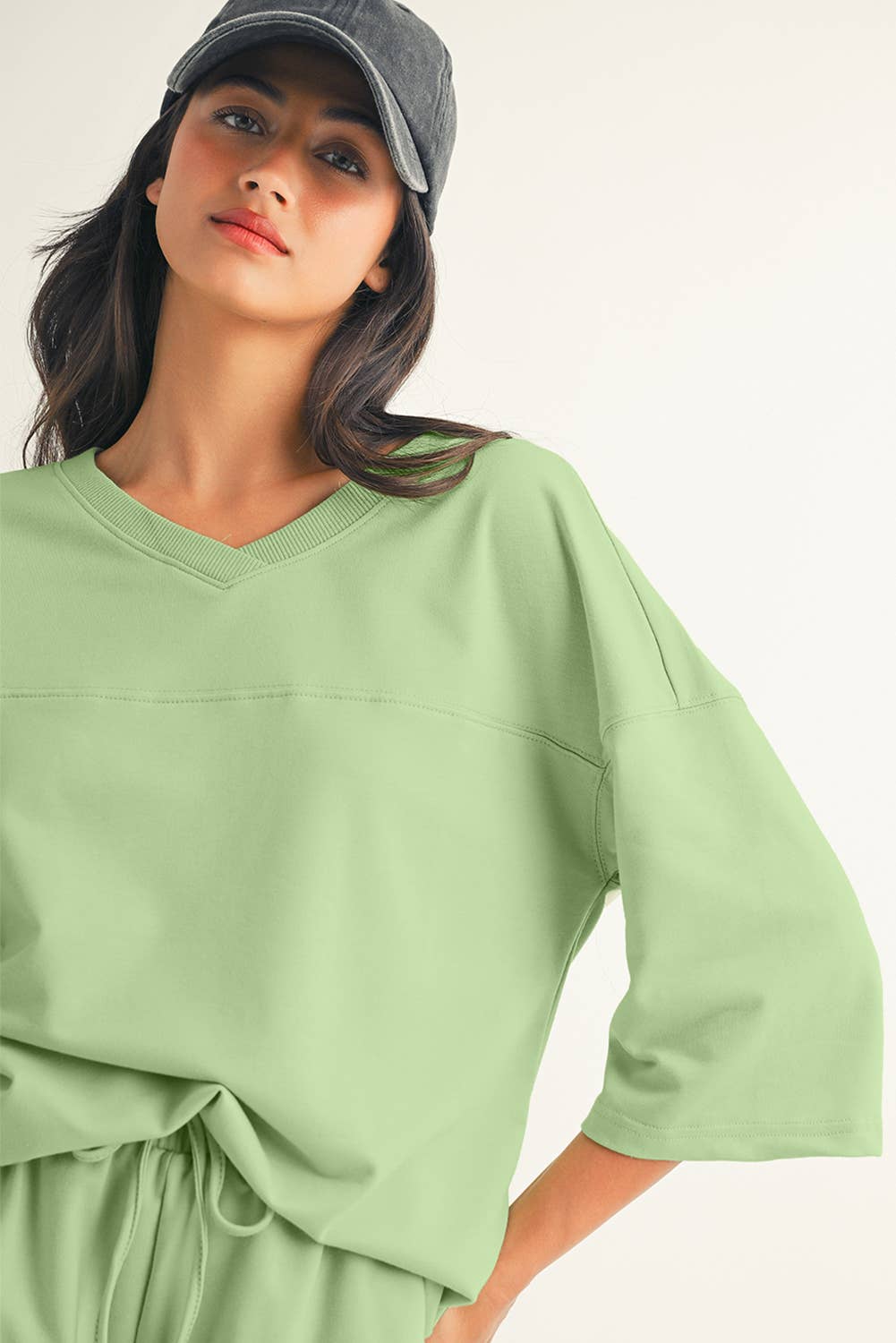 Solid Loose V Neck Half Sleeve Tee and Shorts